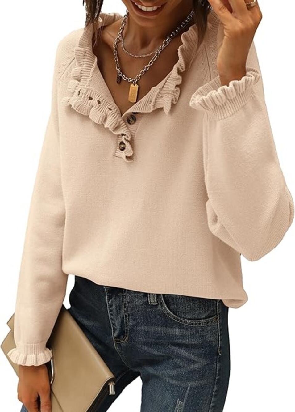 BTFBM Sweaters Womens XL Beige Ruffle Trim Long Sleeve Half Button Pullover NWT